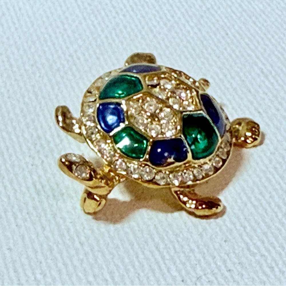 Vintage Gold Tone Enamel & Rhinestone Turtle Brooch Pin - Picture 4 of 11
